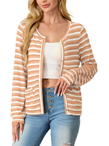 Women's cardigan long sleeved button knit stripe with pocket